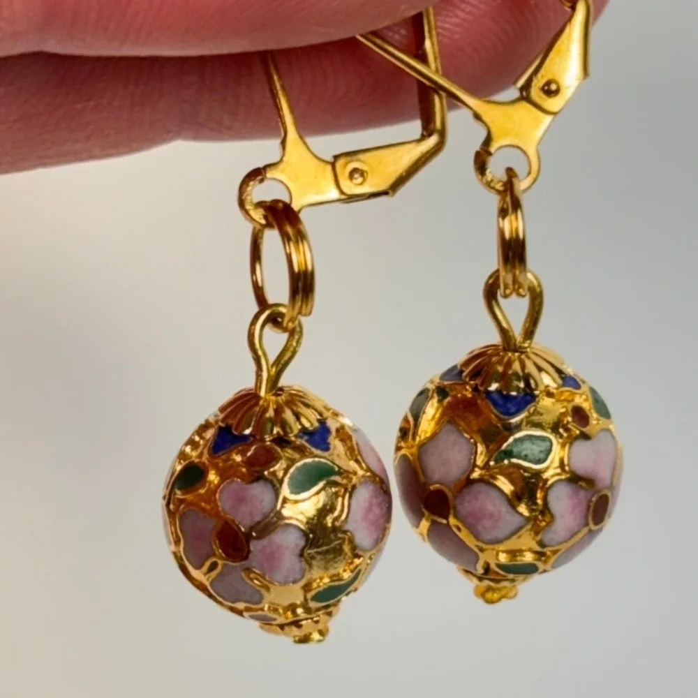 Vintage Cloisonne Dangle Earrings Gold Floral Enamel Glass Bead Boho Chic